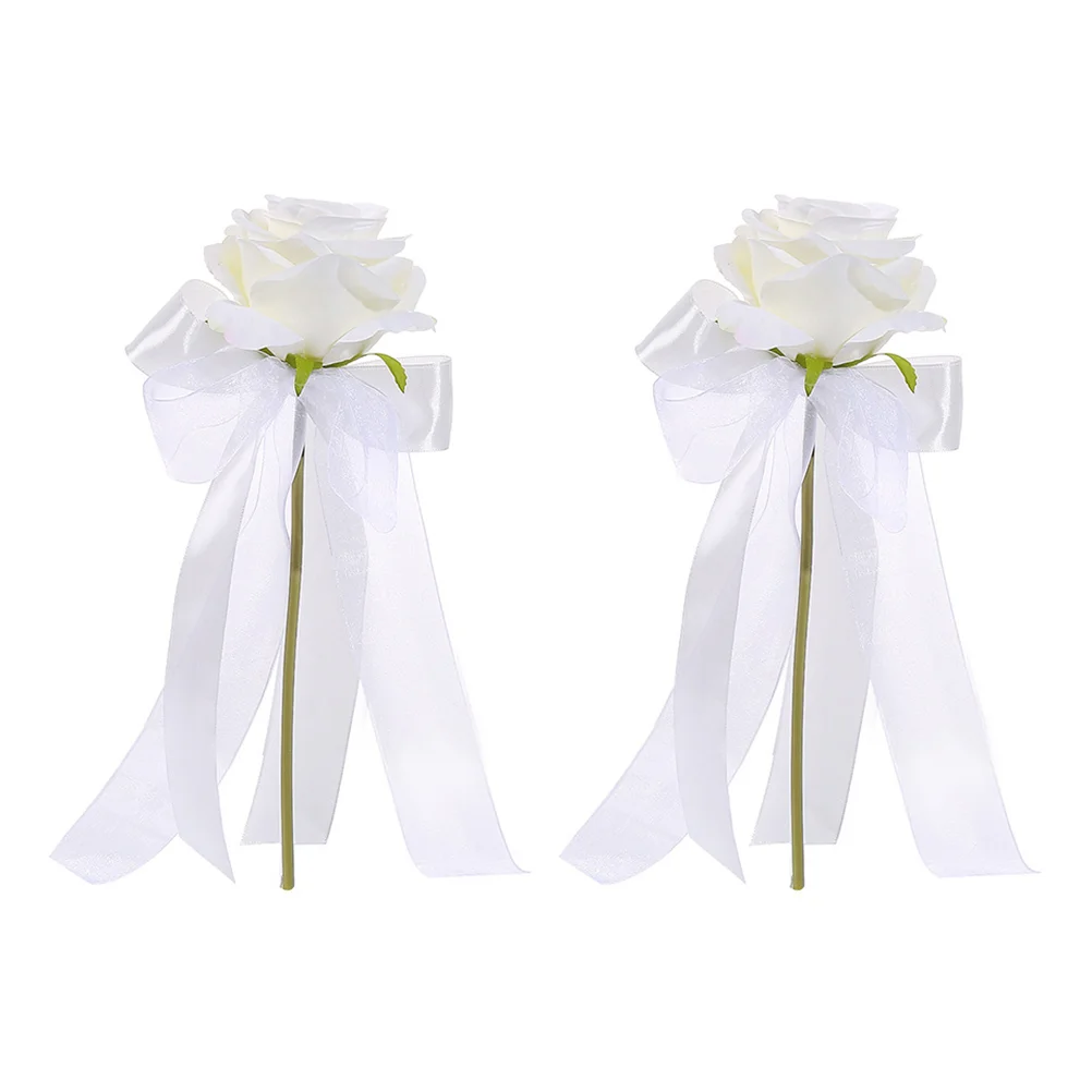 

2 Pcs Wedding Props Chair Back Flowers Simulated Decors Artificial 10x10x30cm Scene Simulation White Silk Cloth Festival Bride