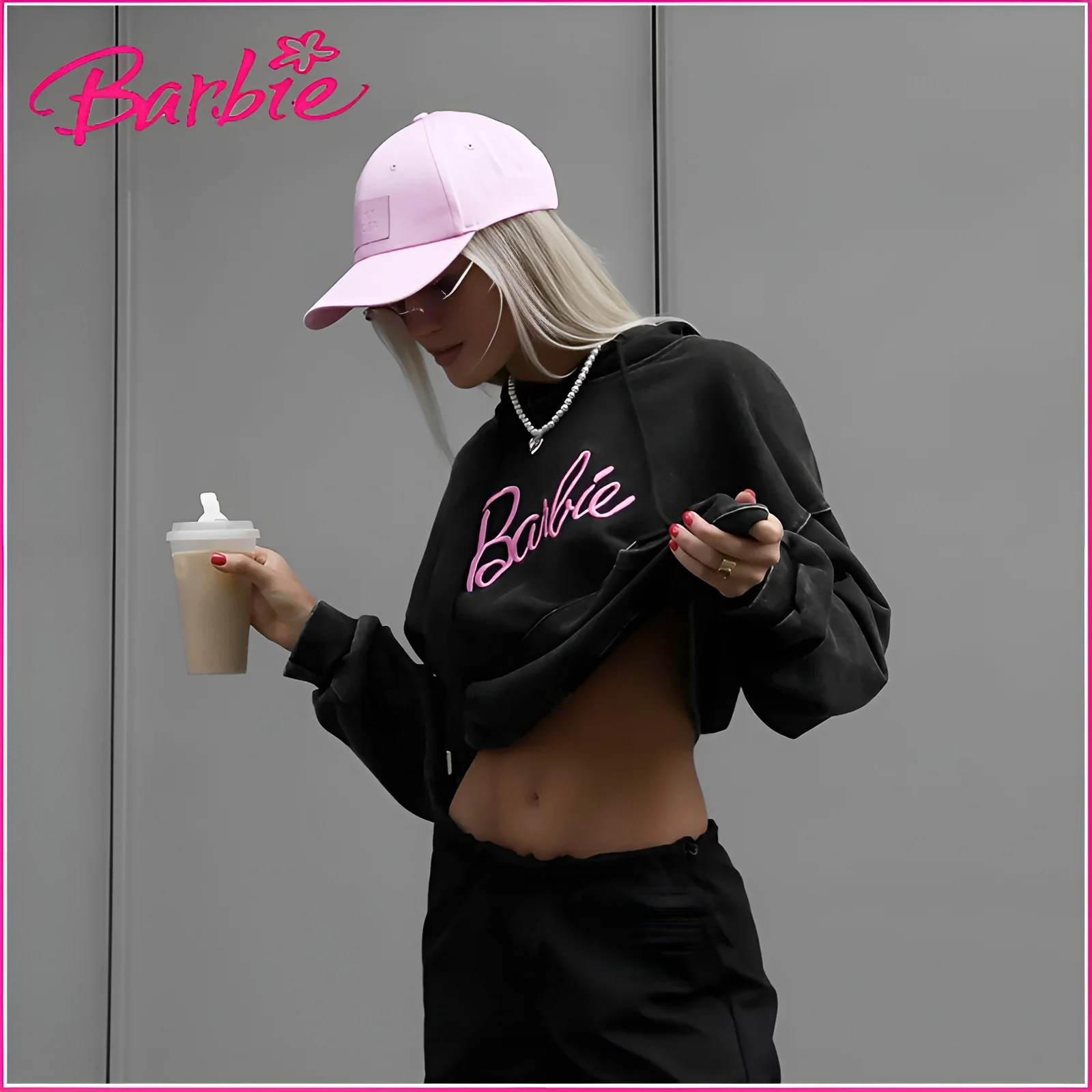 

Barbie 2023 Women Casual Hoodie Y2K Loose Solid Hooded Pullover Streetwear Fashion Oversized Sweatshirts Long Sleeved Top
