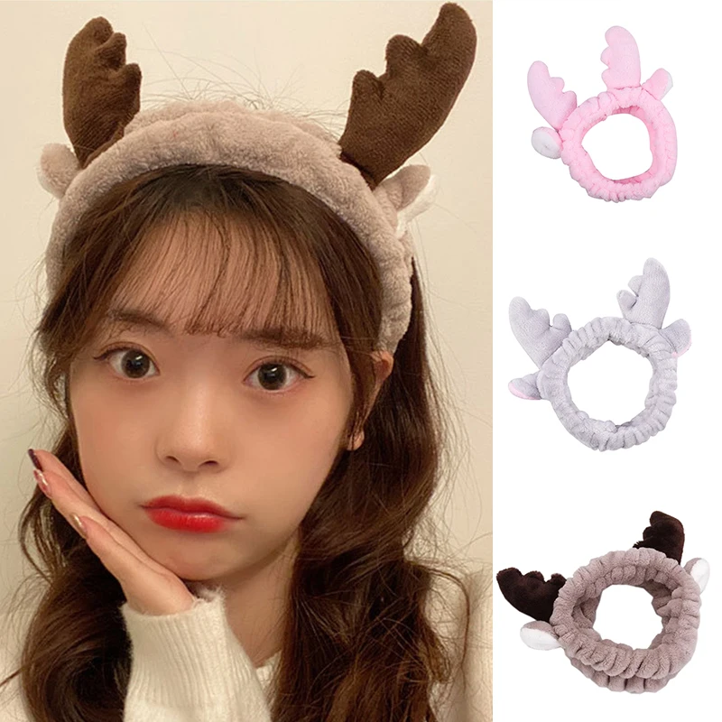 

Christmas Antler Hairband Soft Sweet Elastic Hair Band Washing Face Makeup Cartoon Headpiece Xmas Flannel Hair Accessories