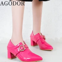 agodor women pointed toe patent leather pumps shoes for ladies chunky mid heel pumps shoes sexy office ladies shoes