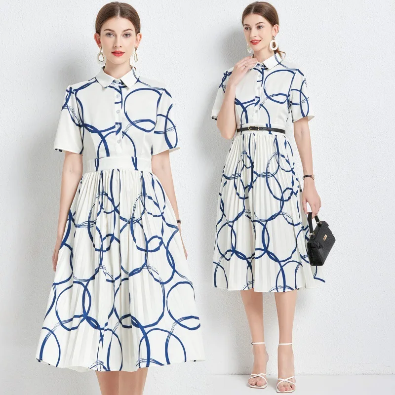 

Elegant Women Printed Shirts Dresses 2023 Summer Chic A-Line Vestidos Fashion Simple Slim Office Ladies Work Party Dress