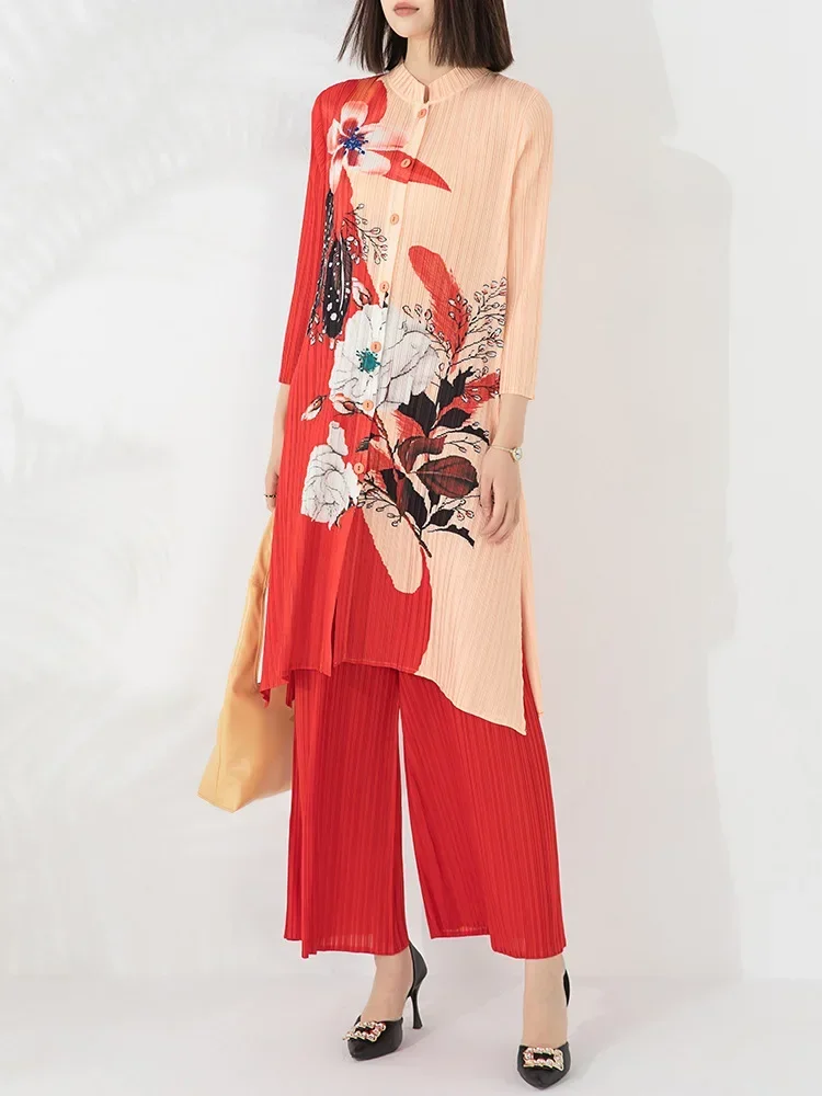 Женский осенний костюм Miyake новинка 2024 года топ на пуговицах с воротником-стойкой