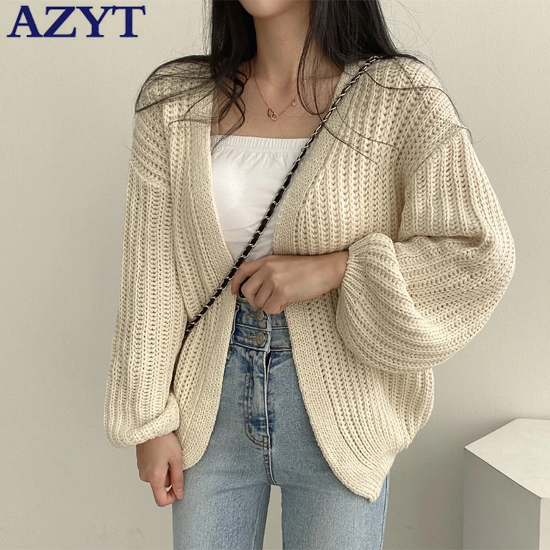 

AZYT Korean Fashion Lantern Sleeve Women's Sweater Cardigan V Neck Short Knit Female Cardigan Spring Autumn Knitwear Pull Femme