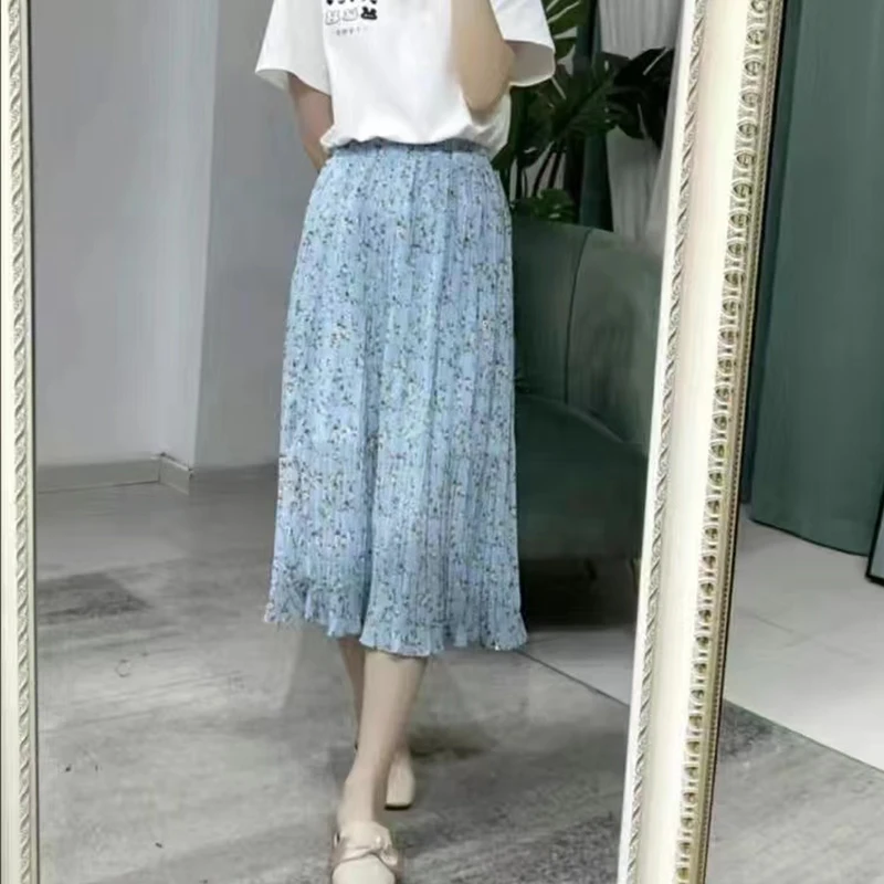 Rimocy 2022 Summer Flower Printing Chiffon Skirts Women Korean Elastic High Waisted Midi Skirt Woman Casual Loose A Line Skirts images - 6