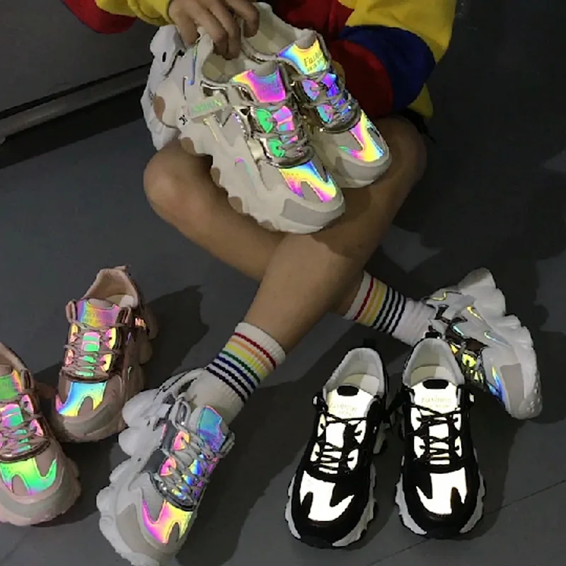 

2023 Chunky Sneakers Reflective Platform Shoes Woman Basket Femme Dad Shoes Tenis Feminino Sneakers Women Casual Vulcanize Shoes