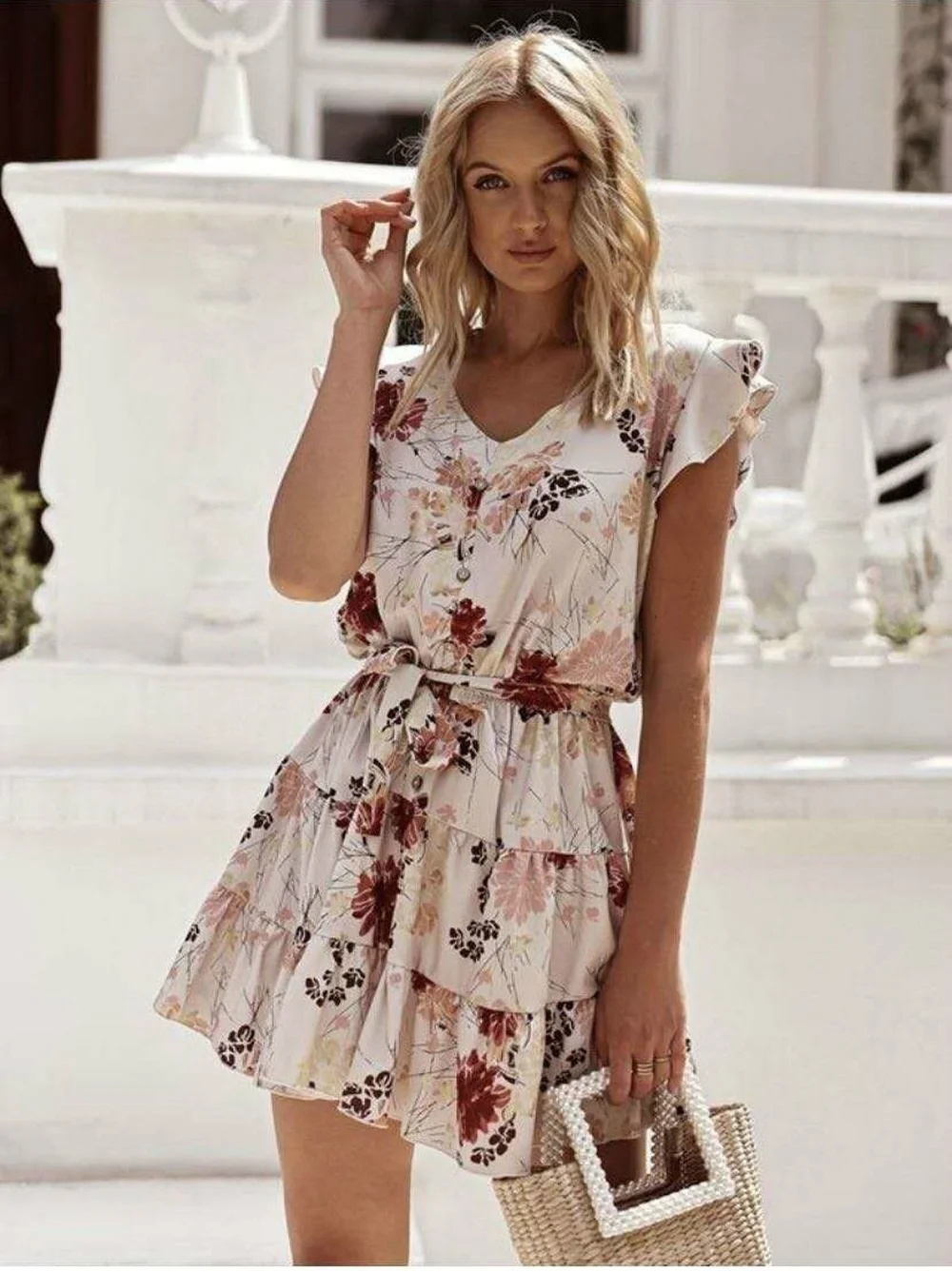 

2022 винтажное женское летнее плиссированное платье с v-образным вырезом и цветочным принтом в стиле бохо элегантное женское пляжное мини-пла...
