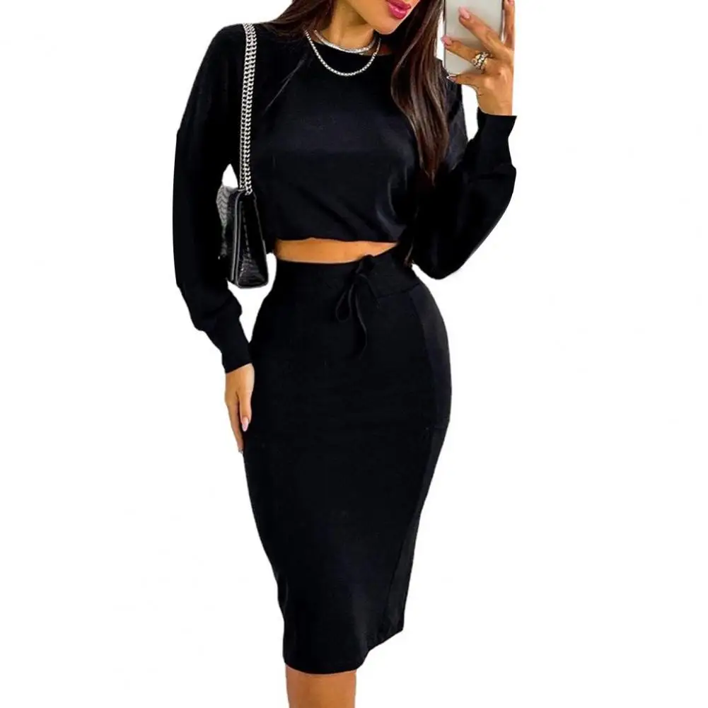 

2022 women Crop Top+Skirt Heart Print Long Sleeve Women Slim Round Neck Lace-up Skirt Suit for Women's Clothing