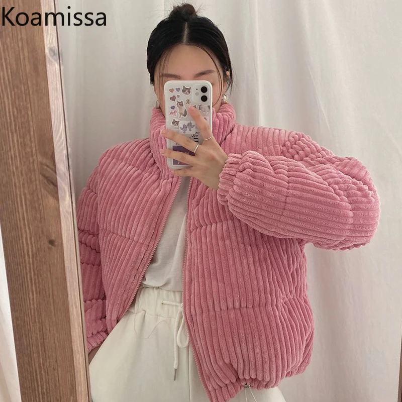 Koamissa 2021 Autumn Winter  Short Corduroy Jacket Women Thick Zipper Cotton Padded Parkas Fashion Solid Stand Collar Warm Coat