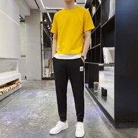 mens color blocking sports suit summer korean fashion breathable sports short sleeved t shirt trousers two piece set tracksuit