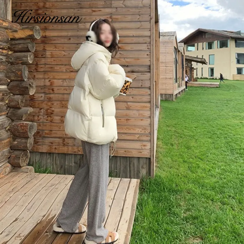 Hirsionsan Winter Solid Zipper Large Fur Collar Hooded Long Down Jacket Women New Korean Thicken Warm Puffer Clothing Female