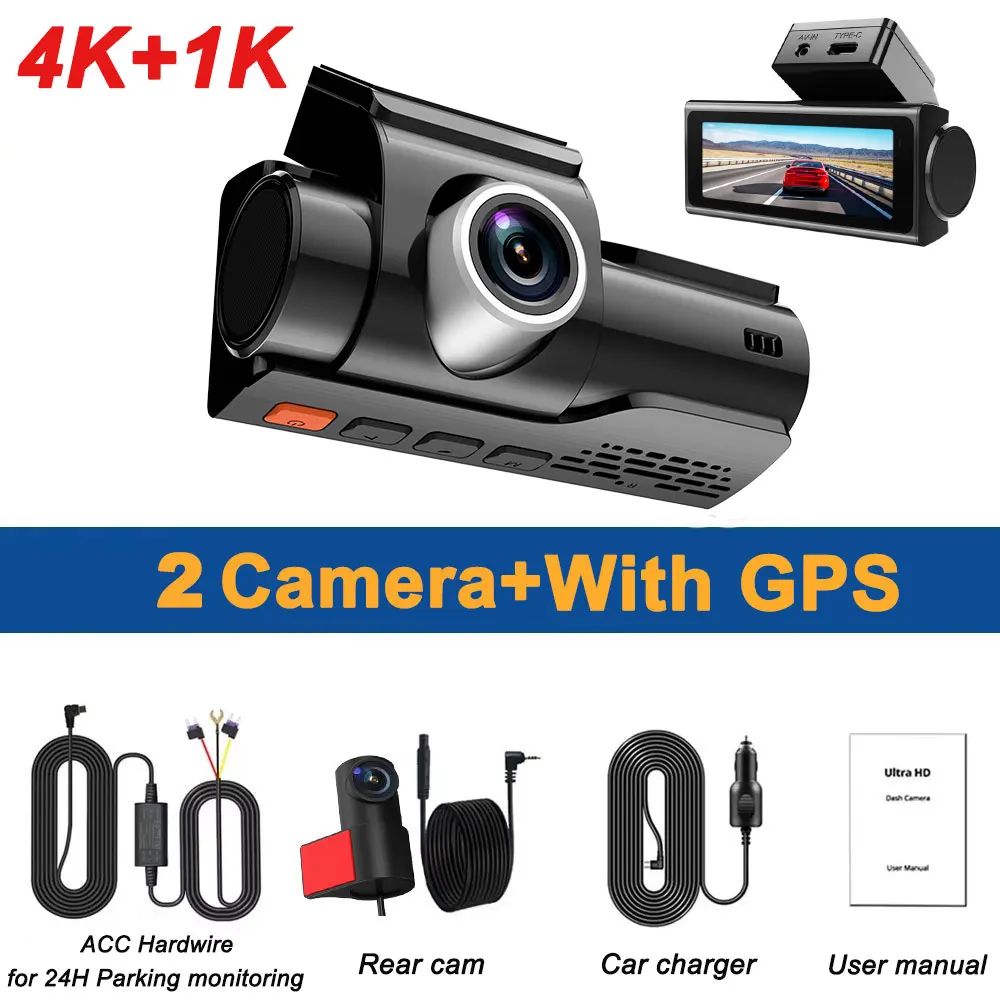 

Видеорегистратор 4K для автомобилей DVR Двухканальный HD 1080P Передняя и задняя GPS Автомобильная камера WDR Ночное видение WiFi APP Монитор Видеорегистратор