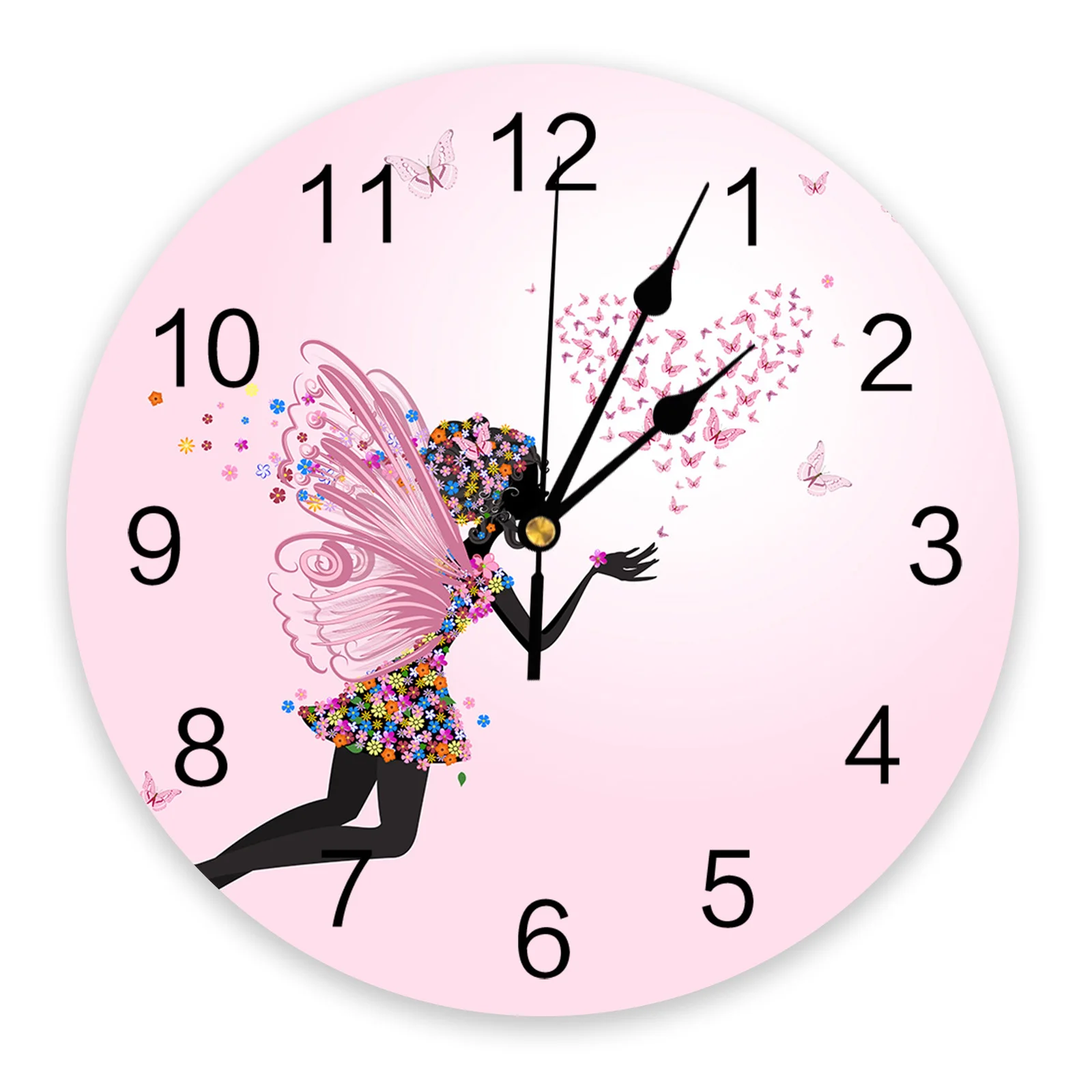 Pink Girl Flower Butterfly Round Wall Clock Acrylic Hanging 