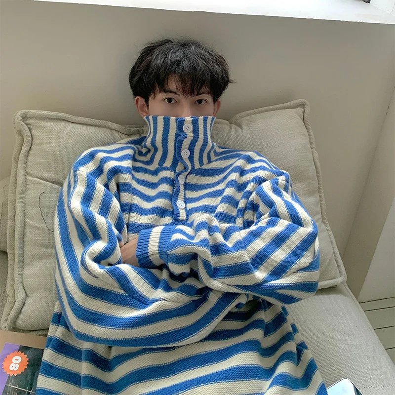 

Свитер Hybskr мужской с воротником-хомутом, вязаный Повседневный пуловер в белую синюю полоску, в Корейском стиле, топ унисекс, зима