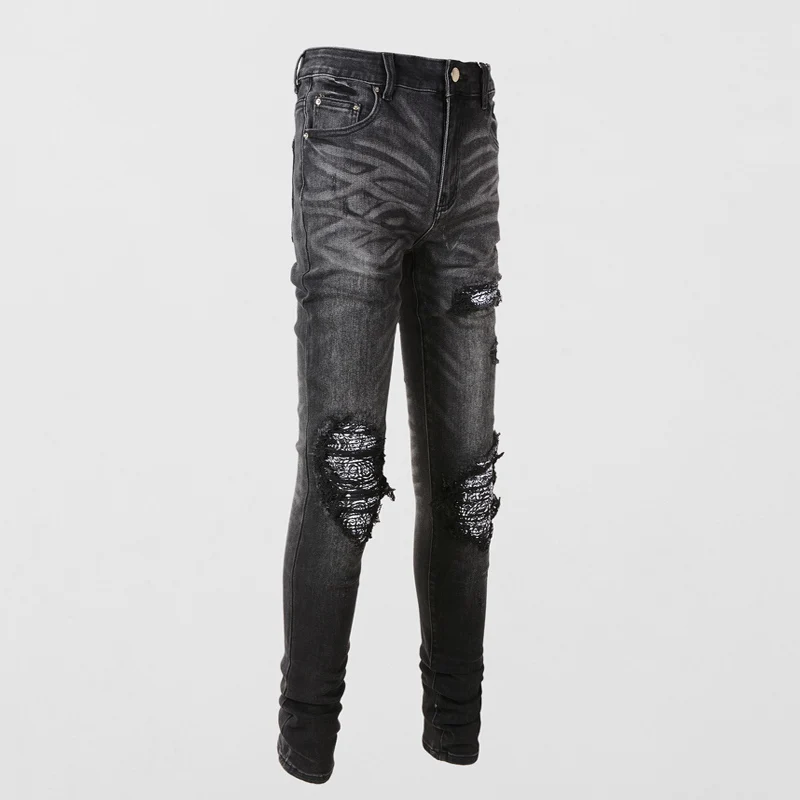 Fashion Streetwear Men Jeans Retro Black Gray Stretch Slim Fit Hole Ripped Jeans Men Patched Designer Hip Hop Brand Pants Hombre