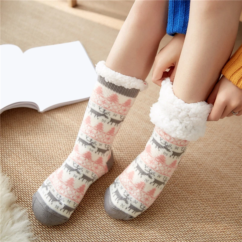 

7 Style Elk Print Plush Women Floor Socks Christmas Plus Velvet Autumn Winter Long Socks Sleepwear Female Non-Slip Thermal Socks