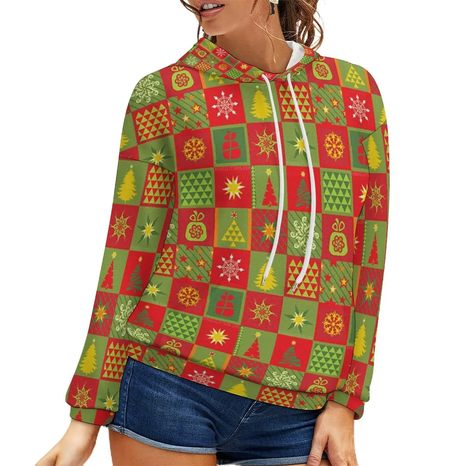 

Свитер женский с капюшоном, воздухопроницаемая Рождественская серия, с цифровым принтом, с открытыми плечами, большие размеры, весна-осень