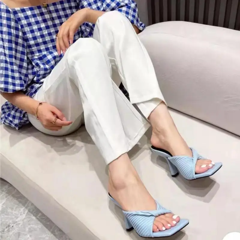 TGHDOF New Sexy High Heels Slippers Women's Head Fashion Pleated Design Ladies Sandals Summer Outdoor Runway Party Shoes