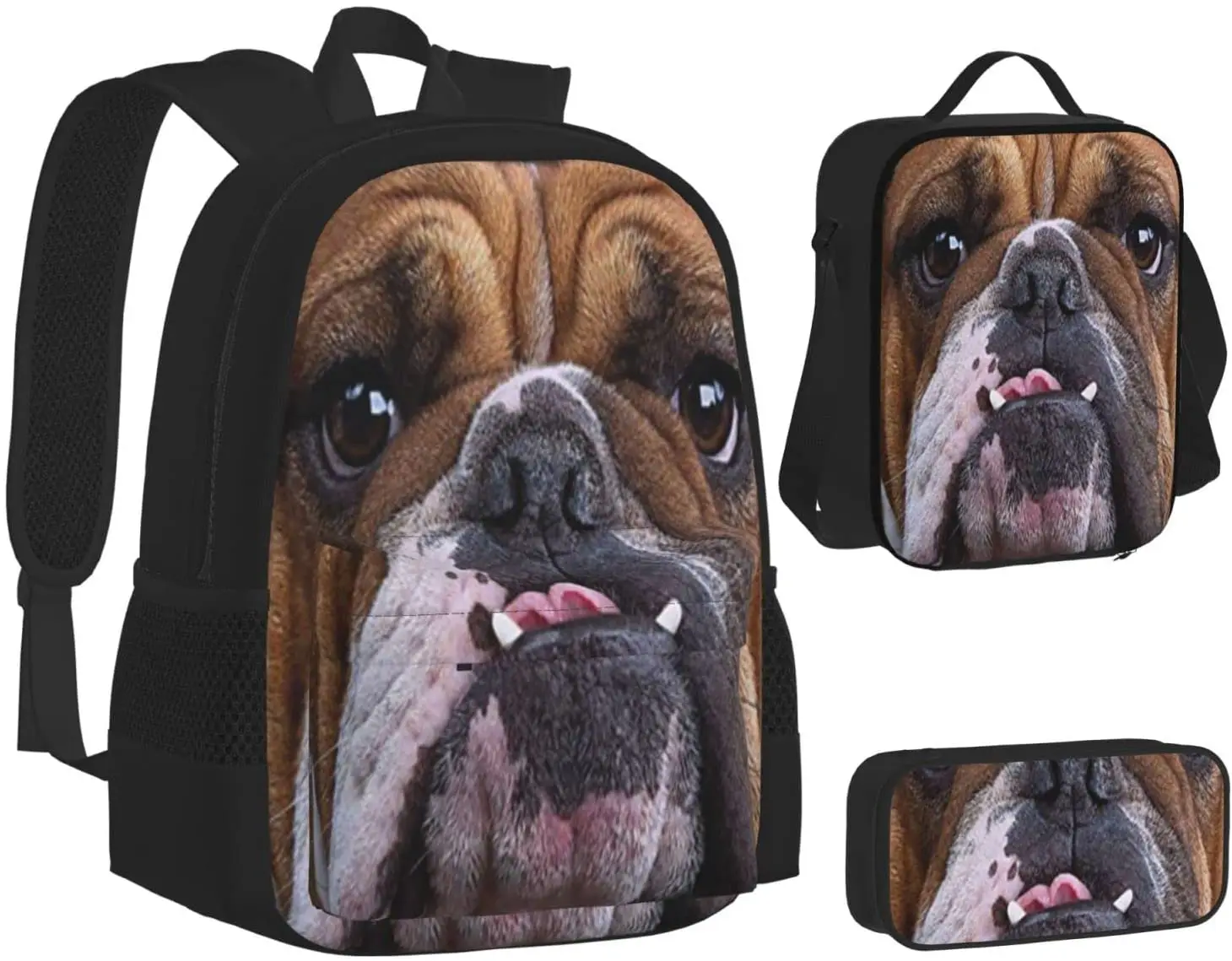 Kids School Backpack Bulldog Dog Brown Schoolbag Travel Bag Casual Daypack Lunch Bag Pencil Case for Boys Teens Girls 3pcs Sets
