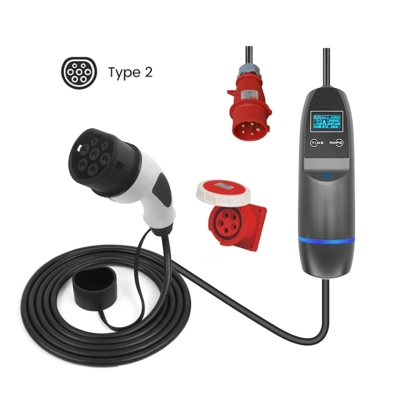 

22kw 11kw 7kw Type 2 portable ev charger RED CEE with 5m cables 3 phase single phase charger for electric cars 32a 16a