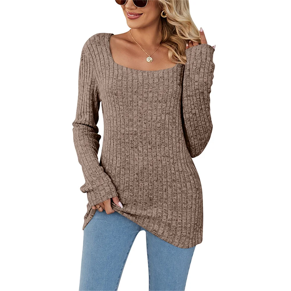 

Женский трикотажный пуловер в рубчик, повседневный Однотонный свитер в стиле ретро с длинным рукавом и квадратным вырезом, Осень-зима