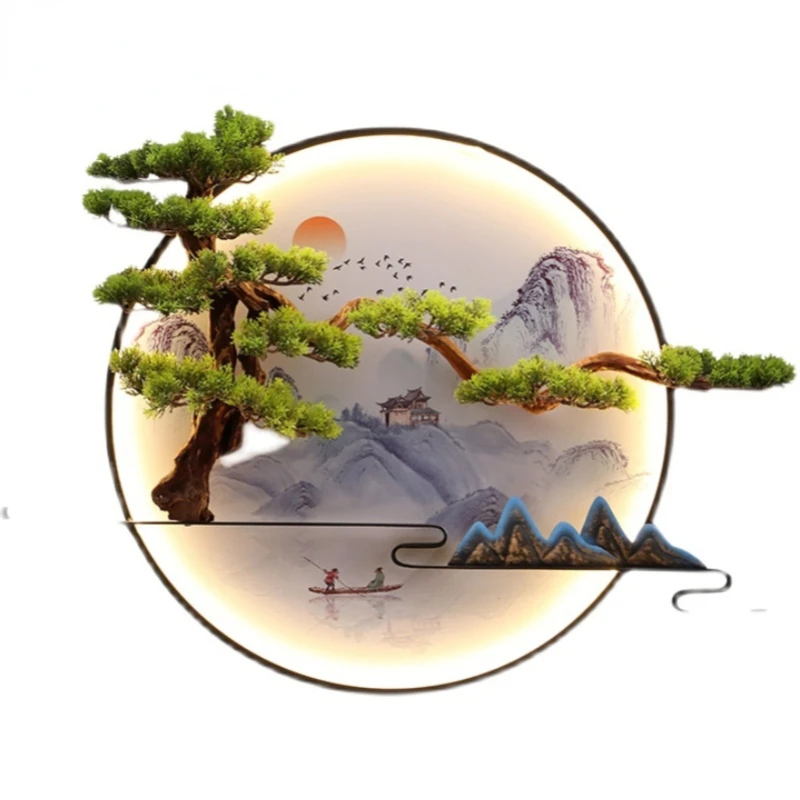 

Living Room Decorative Painting Tea Room Sofa round Chinese Style Welcome Pine Wall Hanging lamp Hand carving simulation
