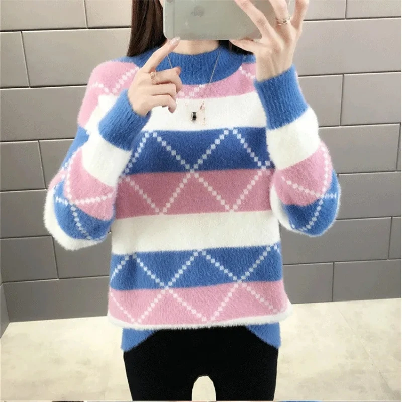 

Fashion Splicing Color Half Turtleneck Thick Pullover Knit Sweater Women's Korean Style Mink Fleece Long Sleeve Sweater Women's