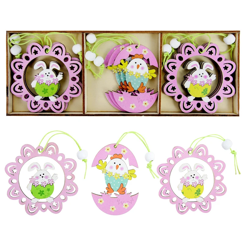 

9Pcs/Box Easter Wooden Craft Pendant Ornaments Cute Bunny Egg Chick Wood Carving Decoration Easter Party Home Decor Interior