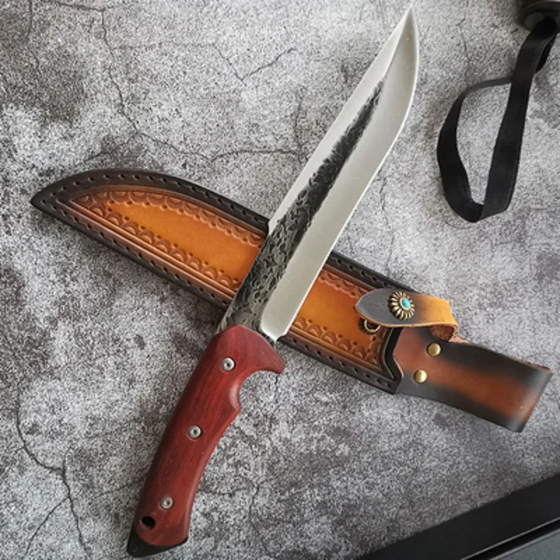 

9CR18MOV Outdoor Knife High Hardness Red Sandalwood Wilderness Survival Self-defense Portable Camping Knife Leather Case