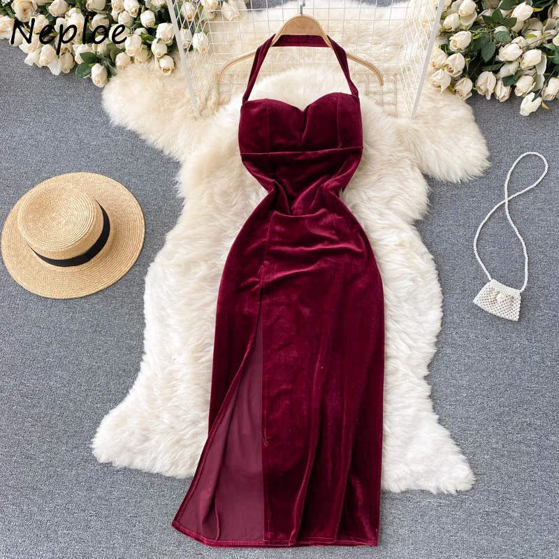 

Женское облегающее платье с разрезом, однотонное бархатное платье с лямкой на шее и высокой талией для вечеринки, 2022