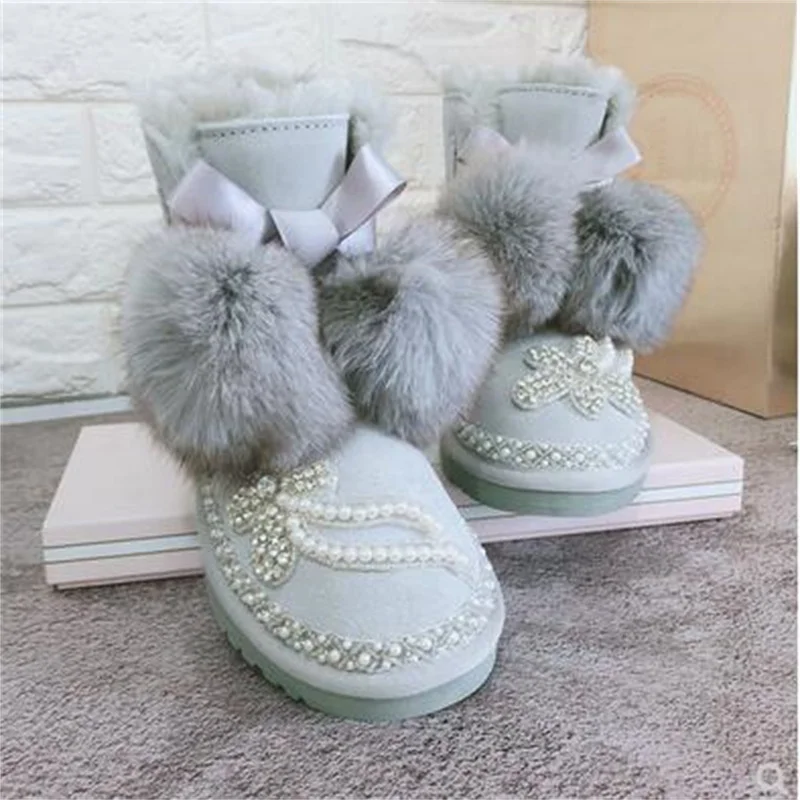 Handmade sequins pearl plus velvet fur one fox fur ball warm and comfortable snow boots short boots 35-40