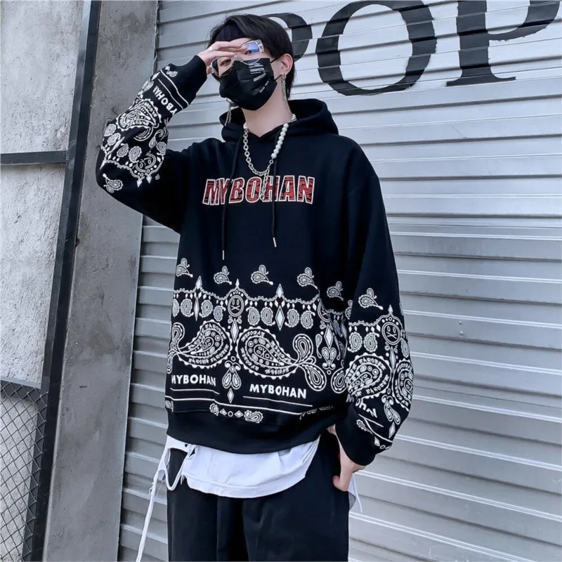 

Bandanna Printing Sweatshirt 2022 Autumn And Winter Man New Fashion Hooded Korean Style High Street Hip Hop Casual Sweatshirt
