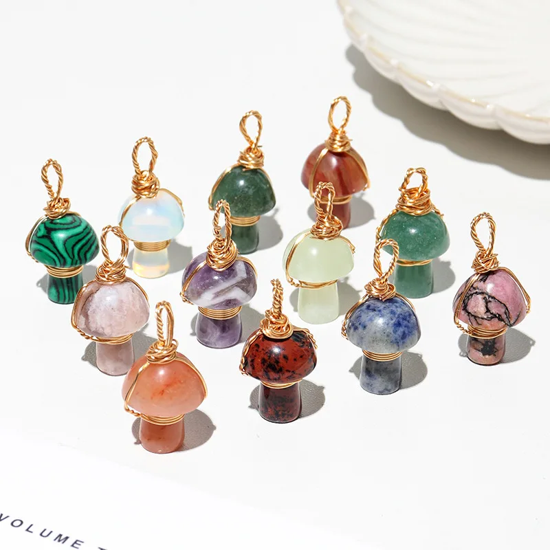 

Natural Crystal Stone 2cm Mushroom Statue Carving Charms Reiki Healing wire Wrap Pendant For Necklace Jewelry Making