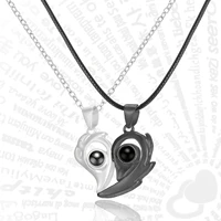 2pcs 100 languages i love you projection magnetic couple necklace for woman men creative flame heart pendant necklace jewelry