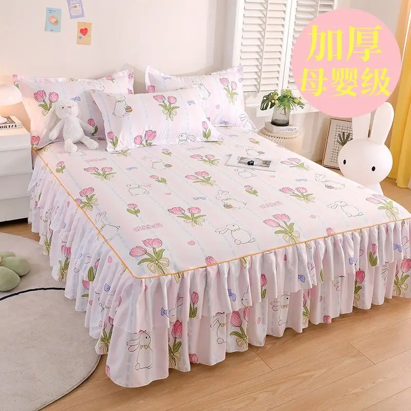 3pcs/Lot Korean Style Thickened Brushed Single Bed Skirt 1pc + Pillowcase 1.2m/1.5m/1.8m/2.0m Machine Washable