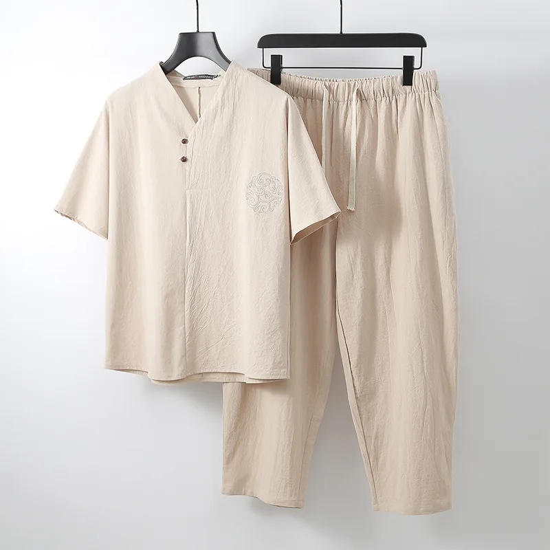 Summer Thin Linen Suit for MenVCollar Short-SleeveTT-shirt Cropped Pants Slim Korean Men's Casual Cotton and Linen Two-Piece Sui