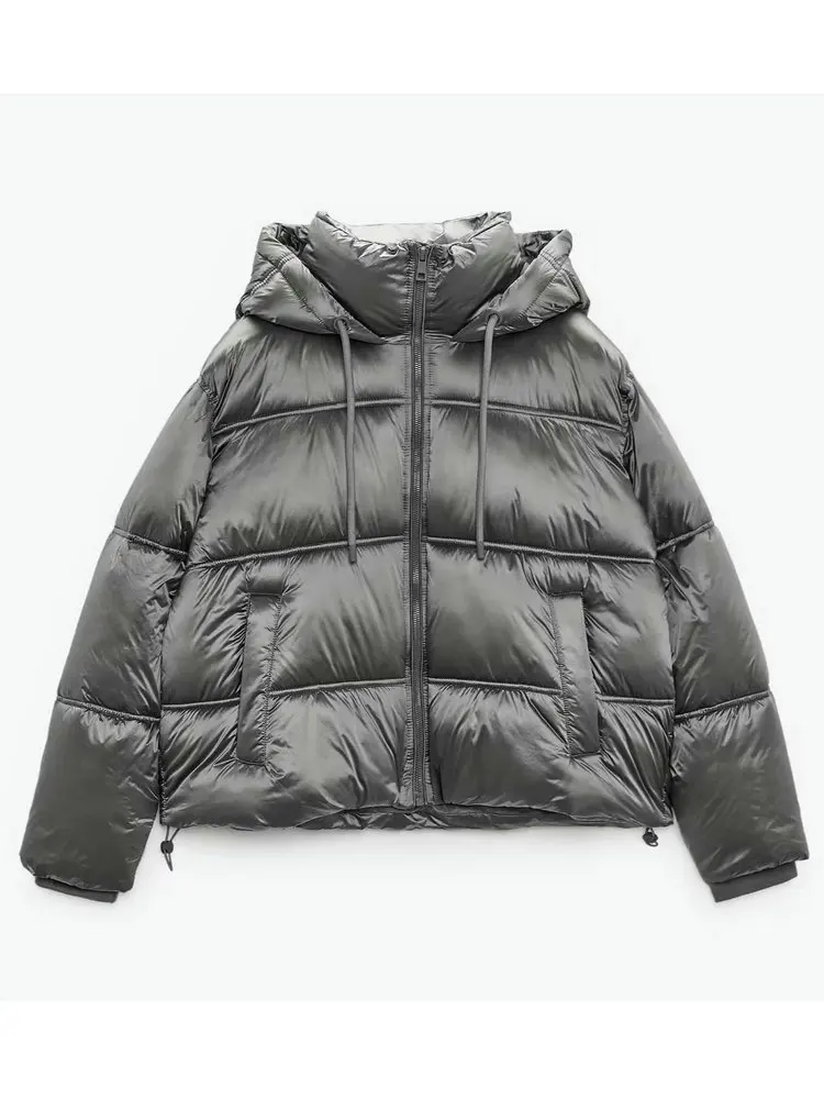 

Новинка 2023, зимняя модная женская Повседневная Толстая теплая Глянцевая серая парка с капюшоном, пальто, женские винтажные свободные куртки с хлопковой подкладкой