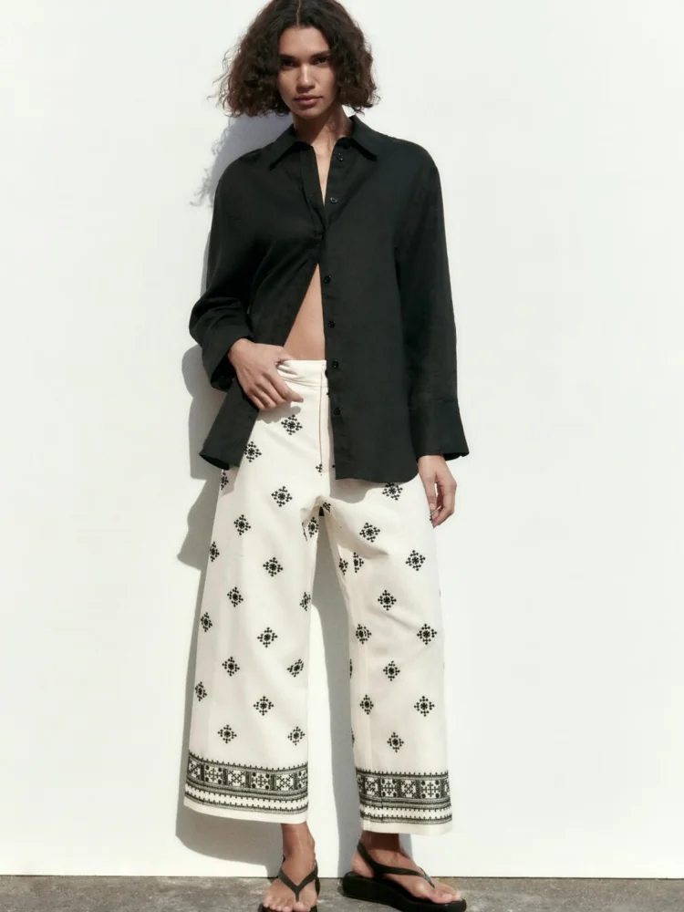 

PB&ZA 2023 New Women's Clothing All-match Color Contrast Embroidery Linen High Waist Pants Straight Casual Long Pants 2731046