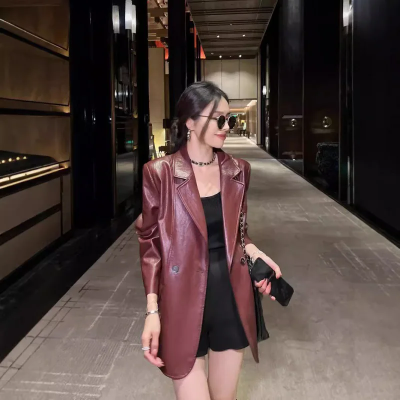 2024 Autumn New Arrive Angora Red PU Leather Suit For Women high-end Retro Casual Jacket