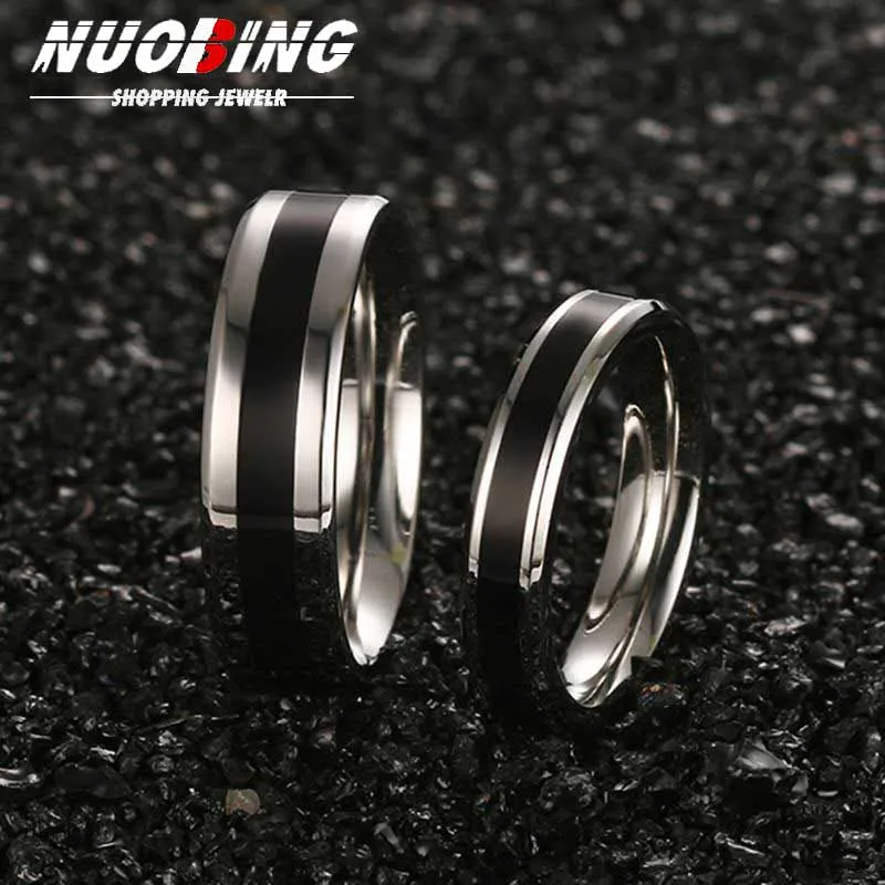 

4/6MM Fashion Minimalist Black Stainless Steel Proposal Ring for Men and Women Couples Wedding Charm Jewelry Anniversary Gift