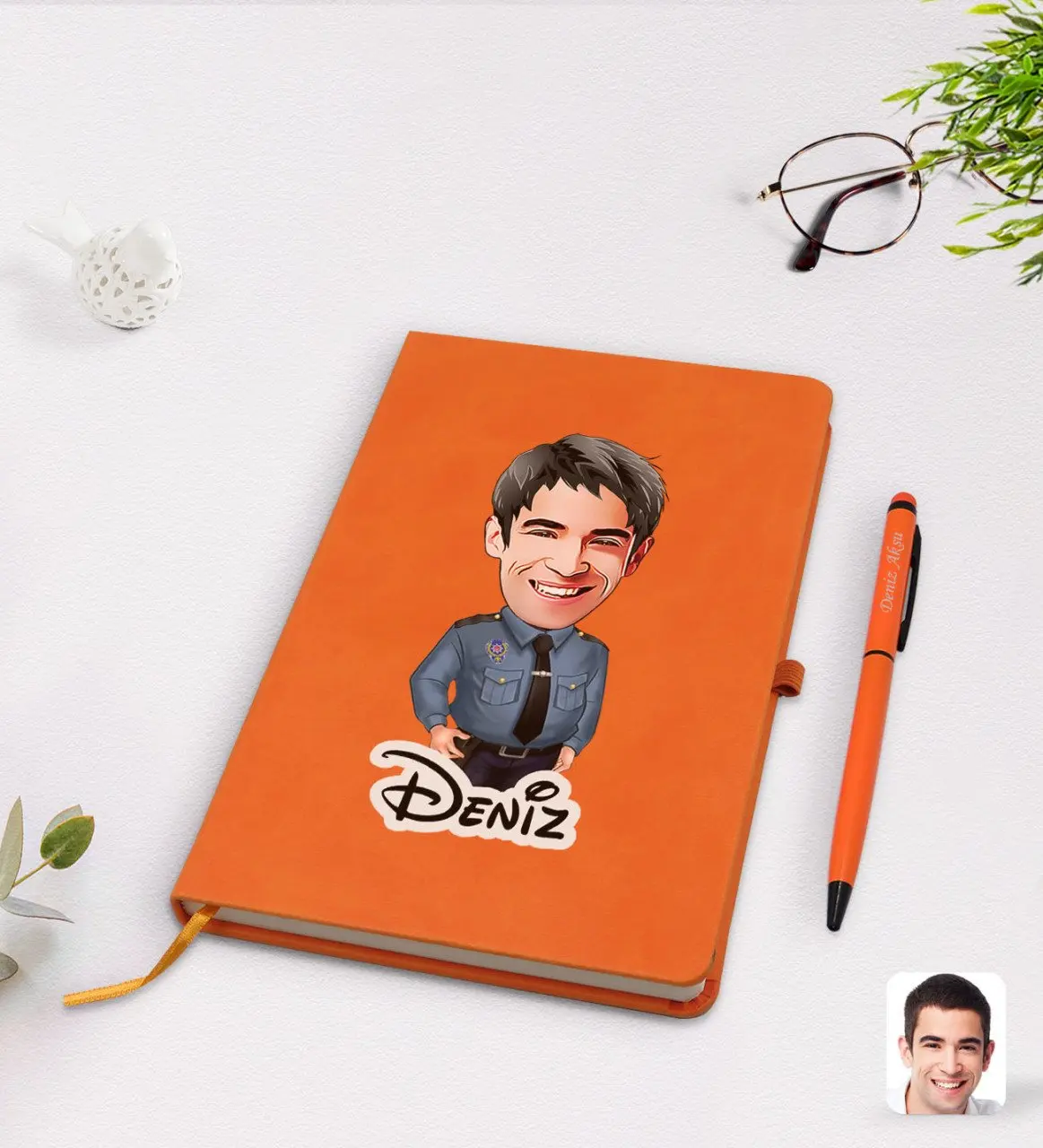 

Personalized men police cartoon orange thermo leather notebook pen set Model 3