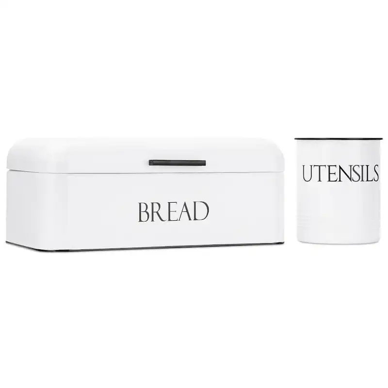 

Vintage White Metal Bread Box & Kitchen Utensil Holder Set Home Organizers storage Storage organizer Organizers storage Jewelry