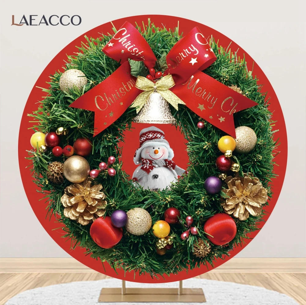 

Laeacco Merry Christmas Round Photo Backdrop Snowman Red Bow Xmas Wreath Baby Portrait Party Decor Family Photography Background