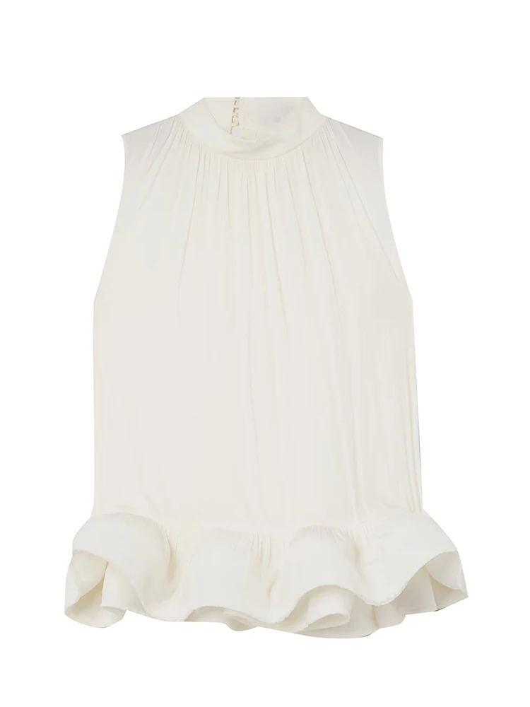 TWOTWINSTYLE Solid Two Piece Sets For Women Stand Collar Sleeveless Tops High Waist Irregular Ruffles Skirts Summer Set Female