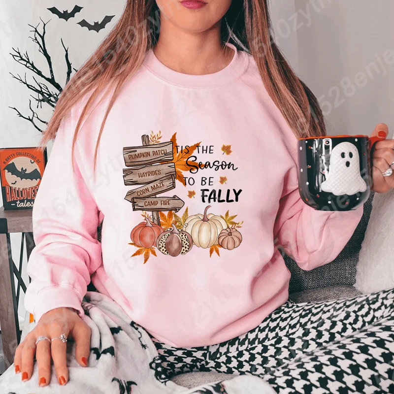 Hoodless Sweatshirt Women Pumpkin Patch Tis The Season To Be Fally Print Crew Neck Pullover Pure Color Pullovers Plus Size