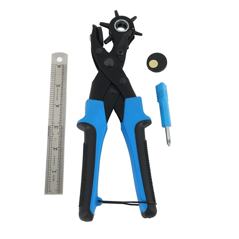 

Leather Hole Punch, Heavy Duty Revolving Punch Plier Tool With 2 Extra Punch Plates And Ruler, Multi Sized Puncher For Belts, Cr