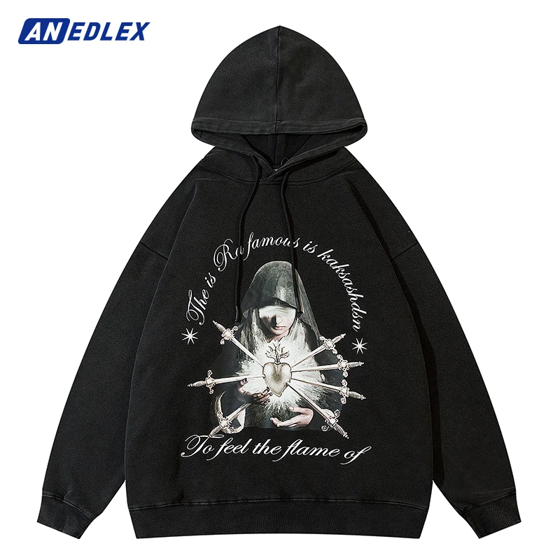 

Hip Hop Streetwear Washed Hoodie Sweatshirt Nun Graphic Print Hoodie Cotton Men Harajuku Hooded Pullover Autumn Vintage Hoodie