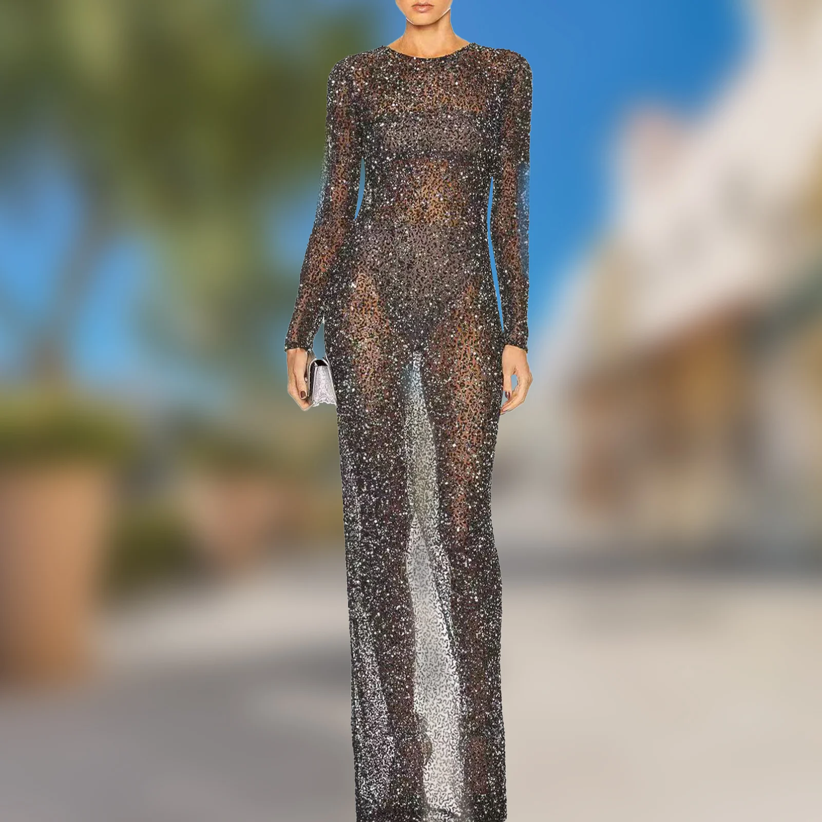 

Women Sexy Black Mesh Shiny Long Beach Dress Fashion Long Sleeves O-Neck Shiny Perspective Top Up Tight Bikini Swimwear 2023 New