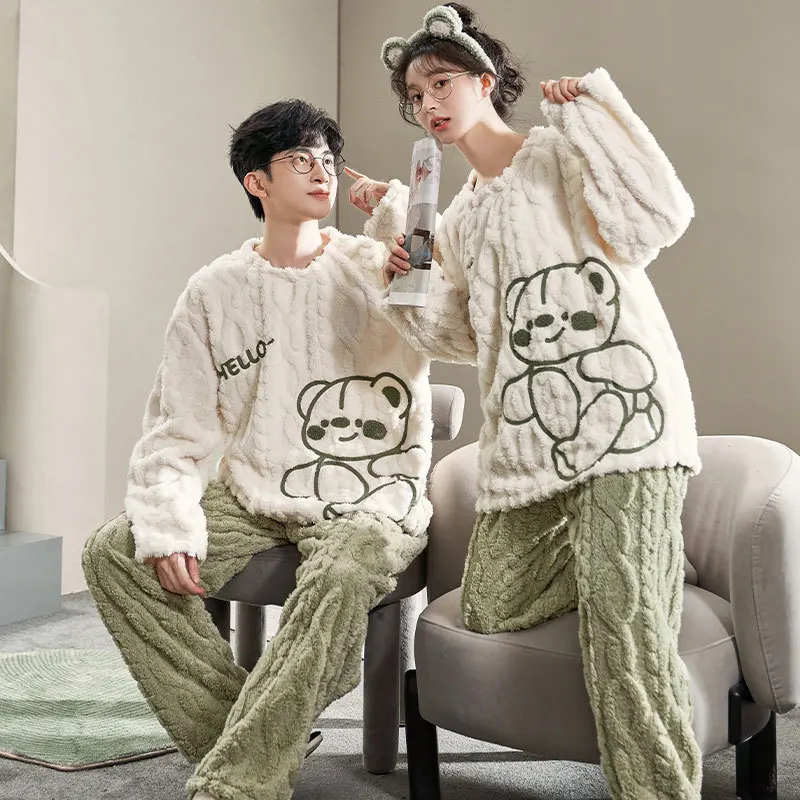 Yasuk Winter Fashion Men Women's Casual Soft Coral Velvet Sleepwear Homewear Couple Pajamas With Pants  Bear Green Thick