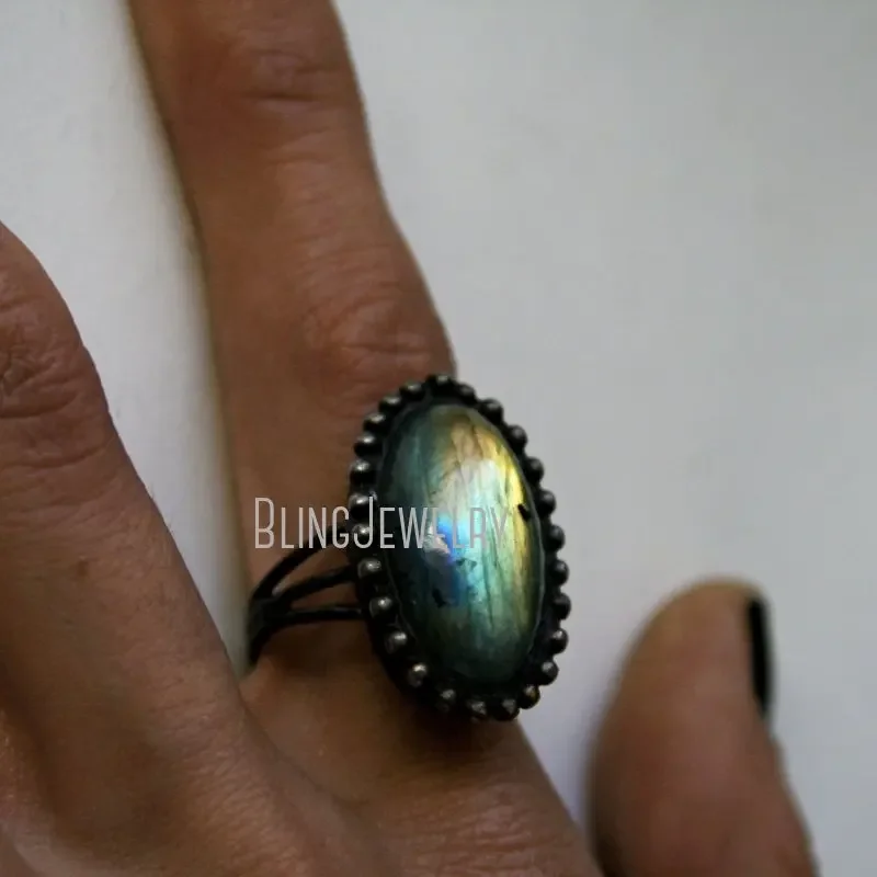 Женское коктейльное кольцо из нержавеющей стали с радужным лабрадоритом и