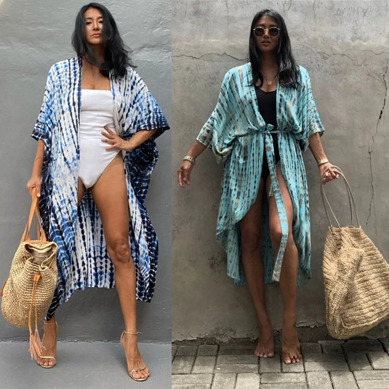 

17 Colors Retro Striped Self Belted Bikini Cover-ups Women Summer Kimono Beach Dress Beach Wear Swim Suit Cover Up